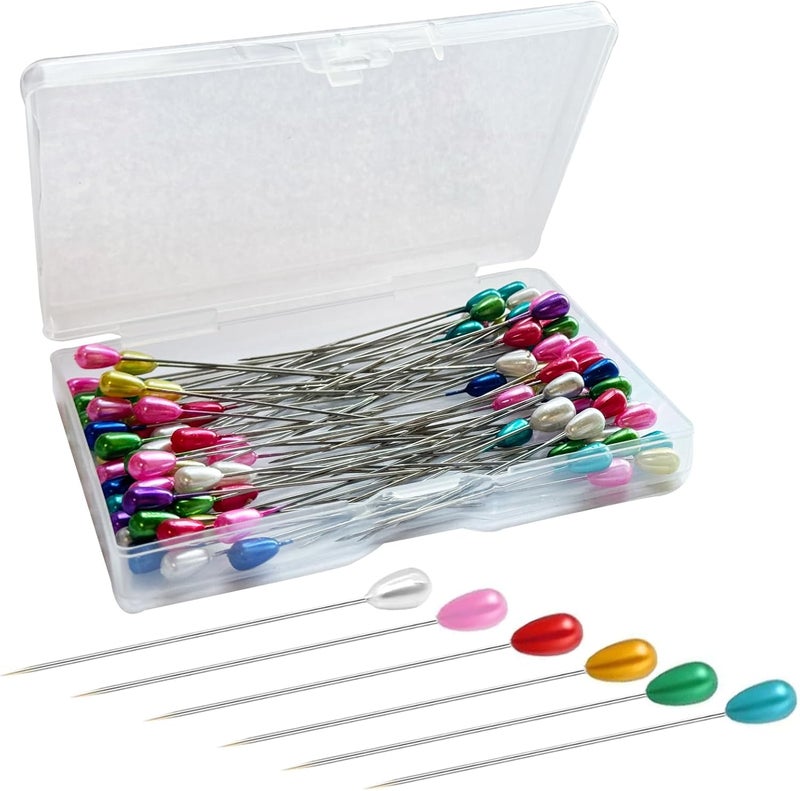 Sunenlyst Corsage Pins, Colourful Boutonniere Pin, Teardrop Pearl Sewing Pins, Long 2inch Boutineer Pin, 100PCS Bouquet Straight Pin for Sewing, Wedding, Jewelry, Flower DIY Decoration, Quilting and Craft - Image 1